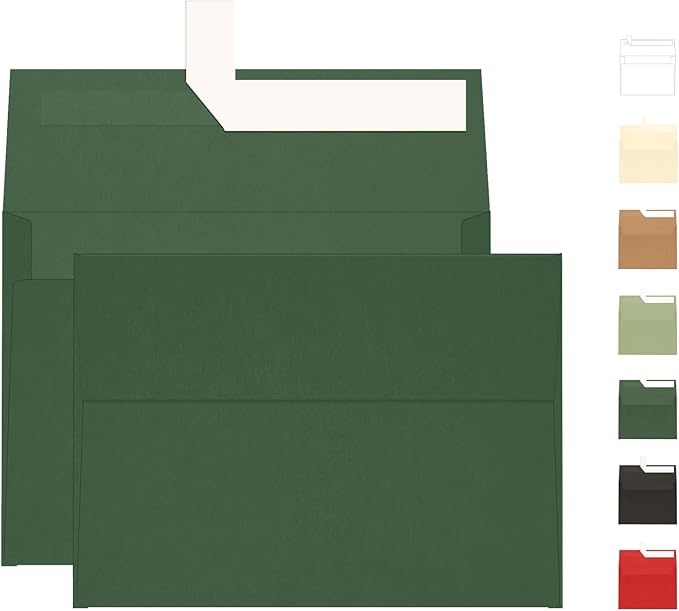 100 Pack Dark Green Envelopes 5x7, Goefun A7 Self Seal Printable Envelopes for Invitation, Photos, Bridal Shower, Wedding, 5.25 x 7.25 in, 120GSM