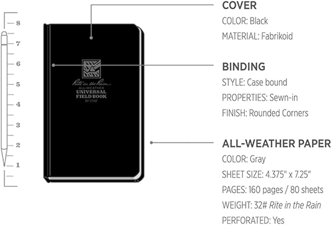 Rite in the Rain Weatherproof Hard Cover Notebook, 4.75" x 7.5", Black Cover, Universal Pattern (No. 770F)