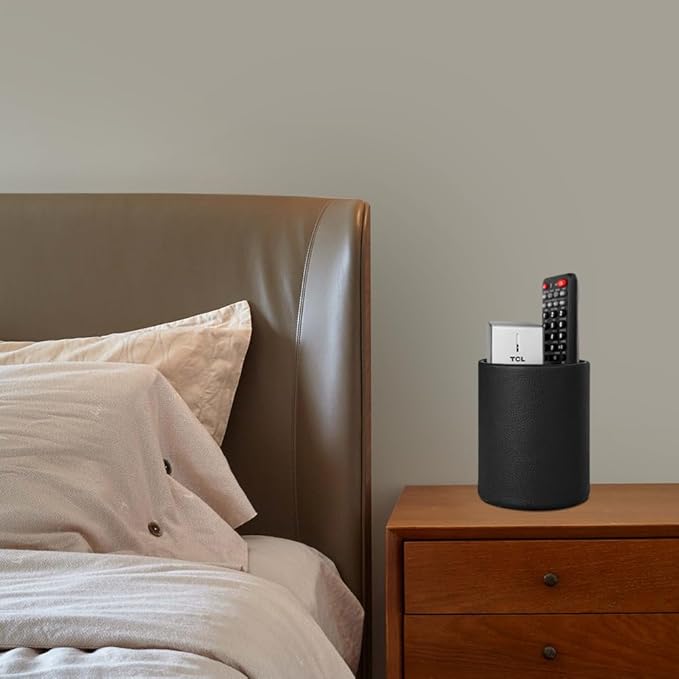 Pen Pencil Holder Cup Container PU Leather Desk Organizer Stand Decor Brush Scissor Holder Decoration Office Desk Home School (3.3" x 3.3" x 4", Black)