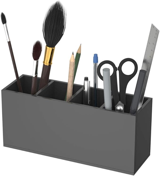 NIUBEE Acrylic Pen Holder 4 Compartments, Black Pencil Organizer Cup for Countertop Desk Accessory Storage (Black)