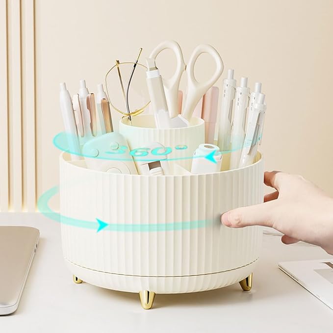 Rose Gold Desk Organizers and Accessories 7Pcs Set with 360-Degree Rotating Pen Holder, Acrylic Stapler, Tape Holder, Staple Remover, Binder/Paper Clips Kit, Scissor and 1 Box of Staples