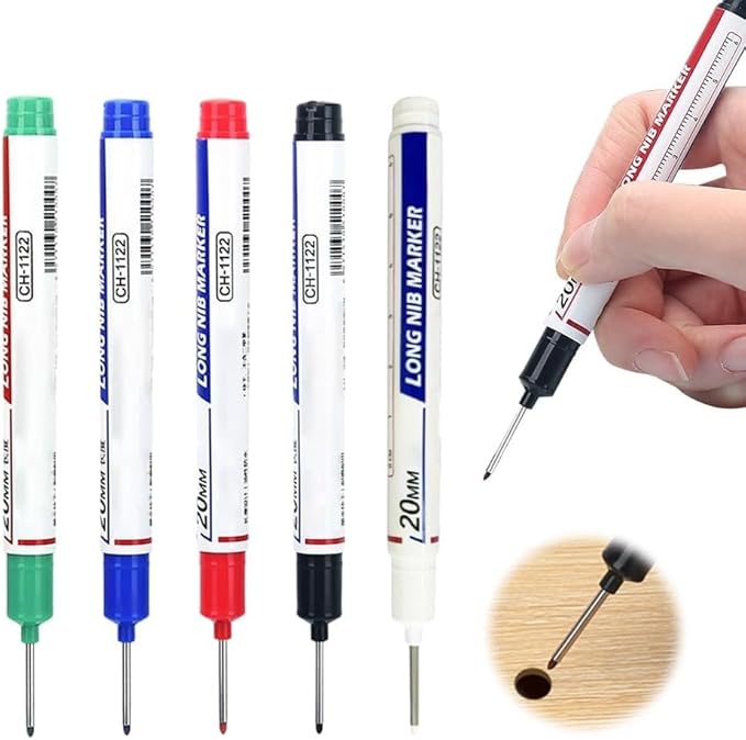 5PCS Long Head Deep Hole Marker Pens, 20mm Deep Reach Long Nose Markers, 45mm Permanent Markers Carpenter Ink Marker Pens, Waterproof Construction Markers Marking Tool, Metal Marking Pen (Mix)