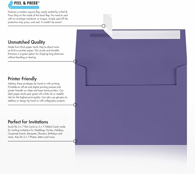 LUXPaper A7 Invitation Envelopes | Peel & Press | 5 1/4" x 7 1/4" | Wisteria Purple | 80lb. Text | 500 Qty