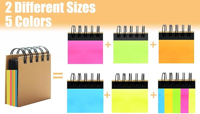 RHAWOM 8 Pads Spiral Notepad,3 x 3.5 Kraft Cover Mini Notebook with 2X 3 inches Sticky Notes and Page Marker，250 Counts/Pad Gift for Student