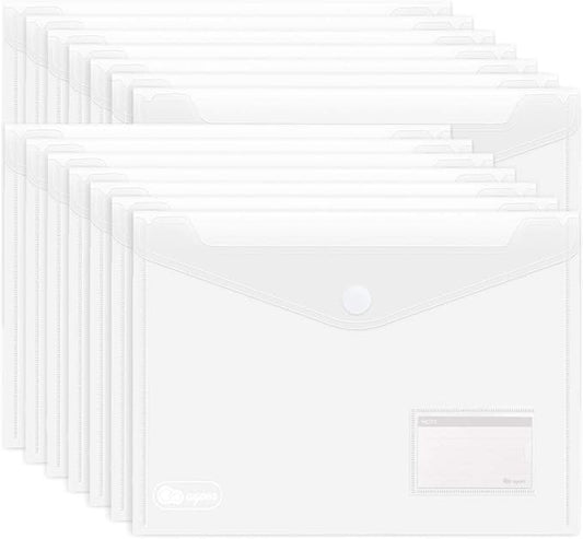 ABSOFINE 25 Pack Transparent Plastic Envelope Folders, A4 Letter Size, 100% Clear, Hook & Loop Closure, Label Pocket, Easy Storage