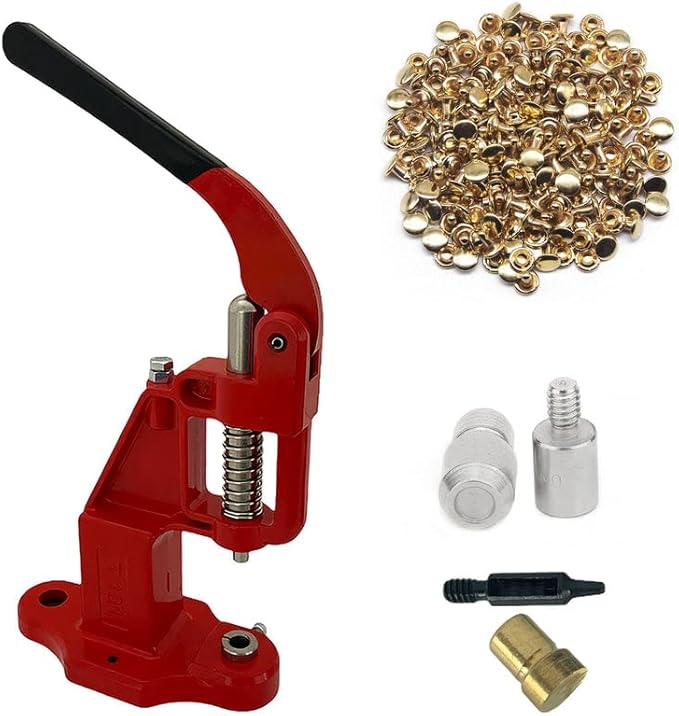 Hobby Trendy Hand Press with 1000 Sets of Iron 9mm Double Capped Rivets with Dies and Hole Punch(Red Press,Gold Rivets)