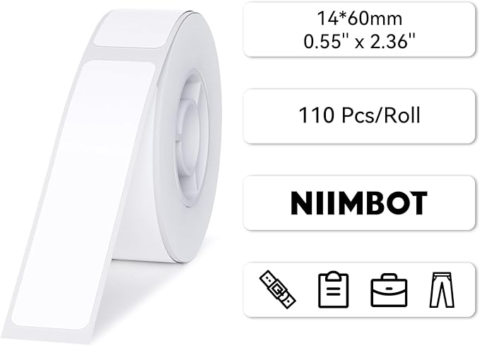 NIIMBOT D11 Label Maker Tape D110 Adapted Label Print Paper, Self-Adhesive Labeling Tape Replacement 0.55" X 2.36" (14 X 60mm) Thermal Label Tape for Home Office, 110 Labels/Roll, White
