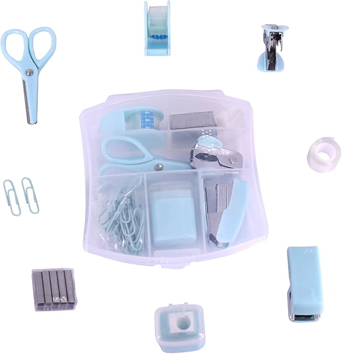 Mini School Supply Kits Mini Office Supply Kits, Includes Mini Stapler,Scissors, Staple Remover, Staples, Tape Dispenser (Blue)