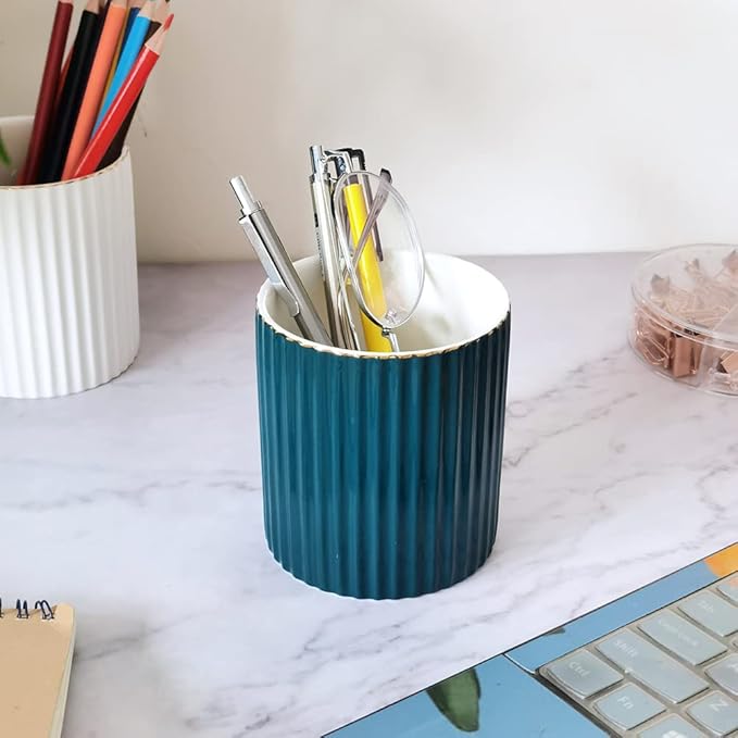 Pen Holder for Desk, Ceramic Pencil Cup Office Desk Organizer, Makeup Brush Holder, Green