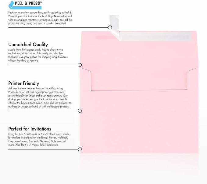 LUXPaper A7 Invitation Envelopes | Peel & Press | 5 1/4" x 7 1/4" | Candy Pink | 80lb. Text | 1,000 Qty