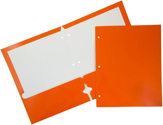JAM PAPER Laminated Two Pocket Glossy 3 Hole Punch School Folders - Letter Size - High Gloss Orange - Bulk 100/Box