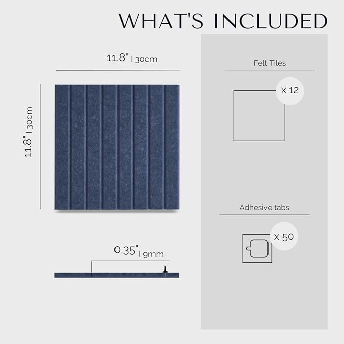 Large Cork Boards for Walls Black Felt Alternative - Slat Wall Paneling, Bulletin Board Tiles for Home Decor, Push Pin Corkboard Organizer for Office or Classroom-12-Pack Panel Kit (Indigo)