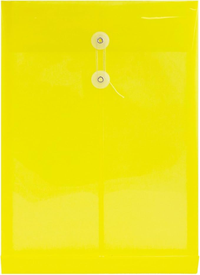 JAM PAPER Plastic Envelopes with Button & String Tie Closure - Legal Open End - 9 3/4 x 14 1/2 - Yellow - 12/Pack