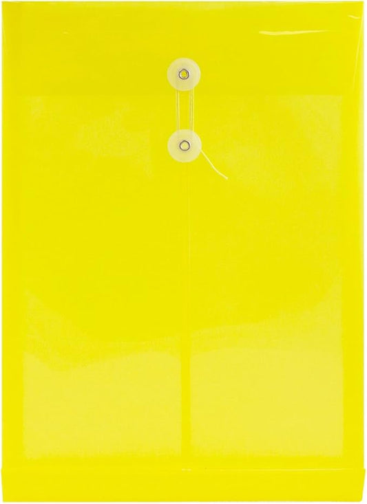 JAM PAPER Plastic Envelopes with Button & String Tie Closure - Legal Open End - 9 3/4 x 14 1/2 - Yellow - 12/Pack