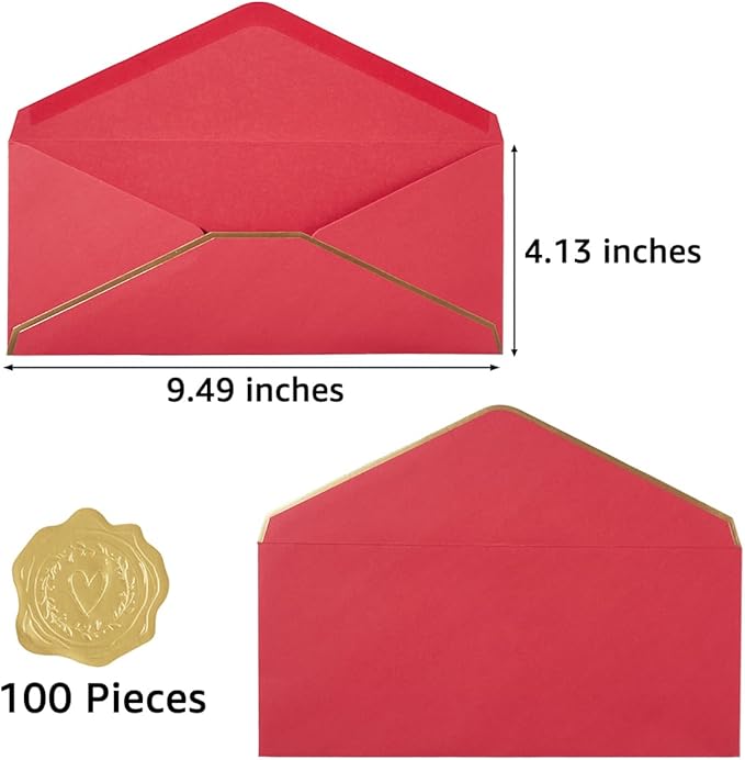 100 Pack #10 Business Envelopes with Gold Border, Self Seal Standard Envelopes with Gold Stickers for Office, Checks, Letter Mailing, Invoices, 4 1/8 x 9 1/2 Inches (Red)