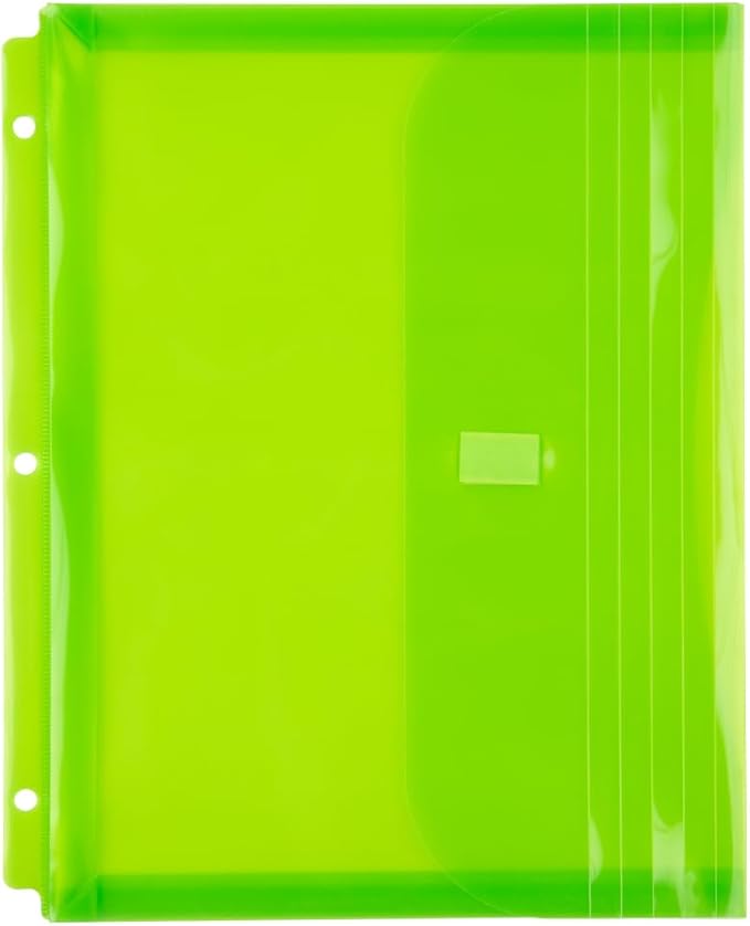 JAM PAPER Plastic 3 Hole Punch Binder Envelopes with Hook & Loop Closure - Letter Booklet - 9 1/2 x 11 1/2 with 1 Inch Expansion - Lime Green - 12/Pack