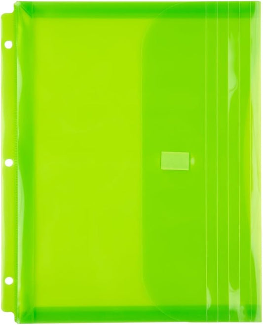 JAM PAPER Plastic 3 Hole Punch Binder Envelopes with Hook & Loop Closure - Letter Booklet - 9 1/2 x 11 1/2 with 1 Inch Expansion - Lime Green - 12/Pack