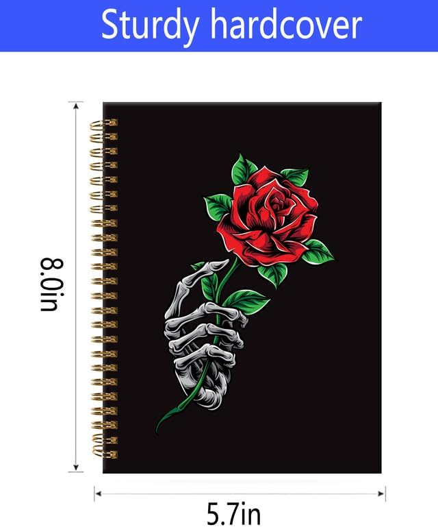 Spiral Journal Notebook,A5 Hardcover Lined Journals for Women Girl 6 x 8.3 in,120 Pages Thick Paper,Cute College Ruled Writing Notebook for Gifts Office Work School(Skull Rose Floral)