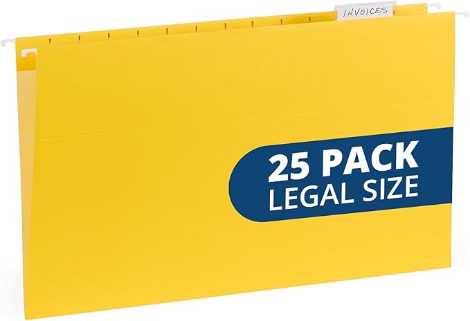 25 Blue Summit Supplies Yellow Legal Size Hanging File Folders - Durable 11pt Paper, Hanging Legal File Folders Yellow with Plastic Tabs and Inserts, Legal Size