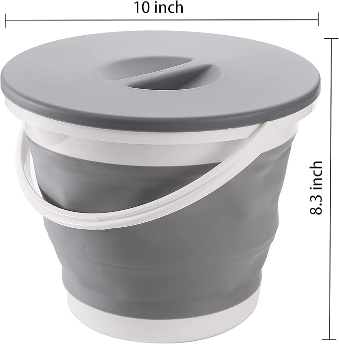 Bekith 2 Pack Collapsible Plastic Bucket with Locking Lid, 5L / 1.32 Gallon Foldable Round Tub Portable Fishing Water Pail for Hiking, Backpacking, Camping and Outdoor Survival (Blue, Gray)