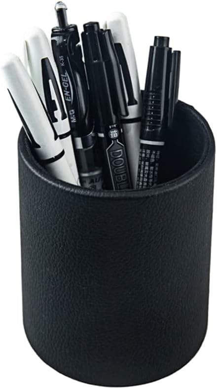Pen Pencil Holder Cup Container PU Leather Desk Organizer Stand Decor Brush Scissor Holder Decoration Office Desk Home School (3.3" x 3.3" x 4", Black)