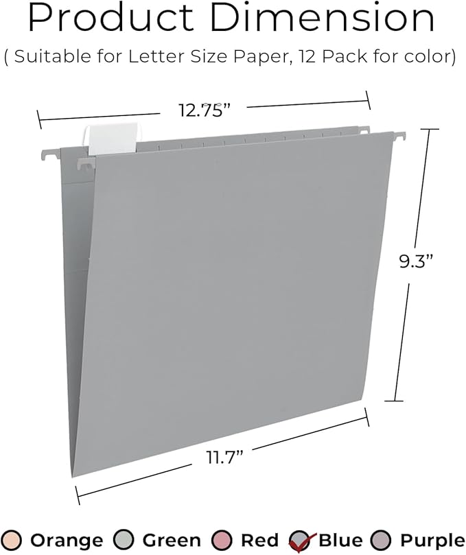 Y YOMA Letter Size - 12 Pack Colored Hanging File Folders Decorative Hanging Folder Cute Pretty File Folder for Filing Cabinet Office Home with 1/5-Cut Adjustable Tabs, Morandi Blue