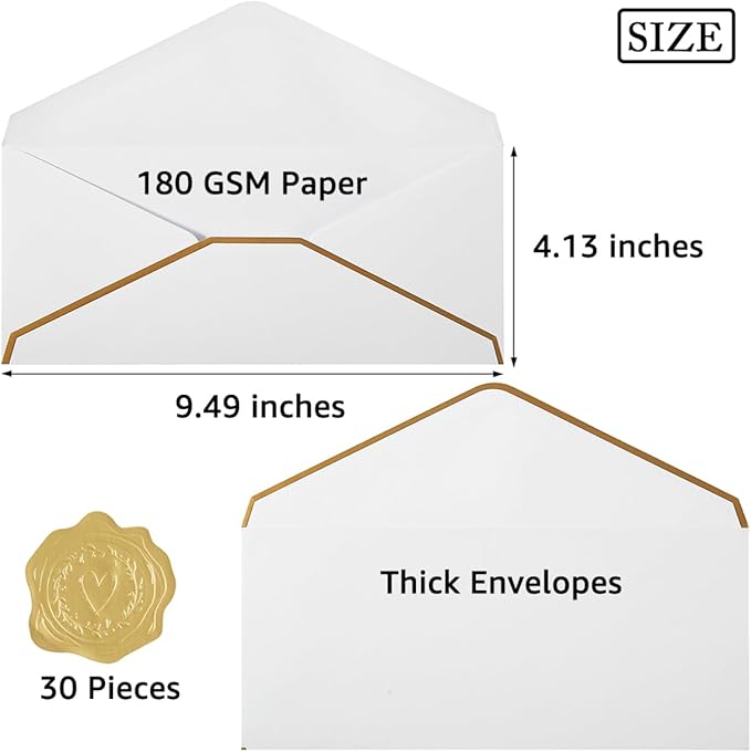 30 Pack Thick #10 Business Envelopes with Gold Border, 4 1/8 x 9 1/2 Thick Paper Standard Envelopes with Stickers for Office, Checks, Letter Mailing, Invoices (White)