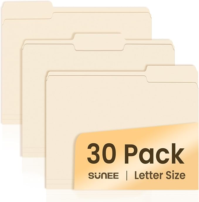 SUNEE File Folders, 30 Pack Manilla Folders 8.5 x 11, 1/3 Cut Tab for Easy Labeling and Organization, Durable Standard Paper for Home, Office, School Filing