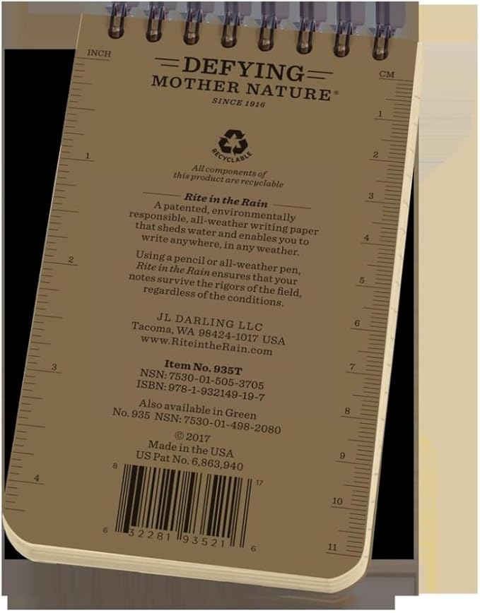 Rite In The Rain Weatherproof Top Spiral Notebooks, 3" x 5", Tan Cover, 3 Pack (No. 935T-3)