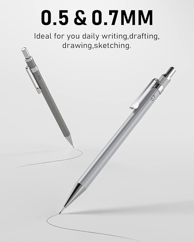 Nicpro 8 Pack 0.5mm & 0.7mm Metal Mechanical Pencil Set, MB1000 Lead Drafting Pencil for Artist Writing, Sketching, Drawing with 8 Tubes HB Lead Refills, 3PCS 4B Eraser, 9PCS Cap Eraser - With Case