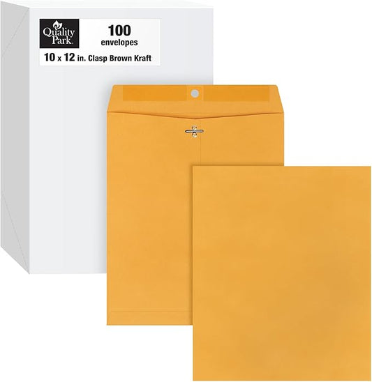 Quality Park 10 x 12 Clasp Envelopes with Clasp Closure and Gummed Seal, Great for Filing, Storing or Mailing Documents, 28 lb Brown Kraft, 100 per Box (QUA37895)