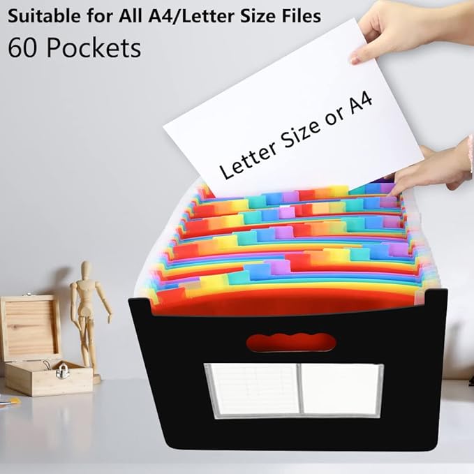 AFMAT AF01 Accordian File Organizer, 60 Pockets Large Expanding File Folder Organizer with Blank Labels, Letter/A4 Size Accordion Files Organizers Expandable for Receipt, Bill, Tax, Legal