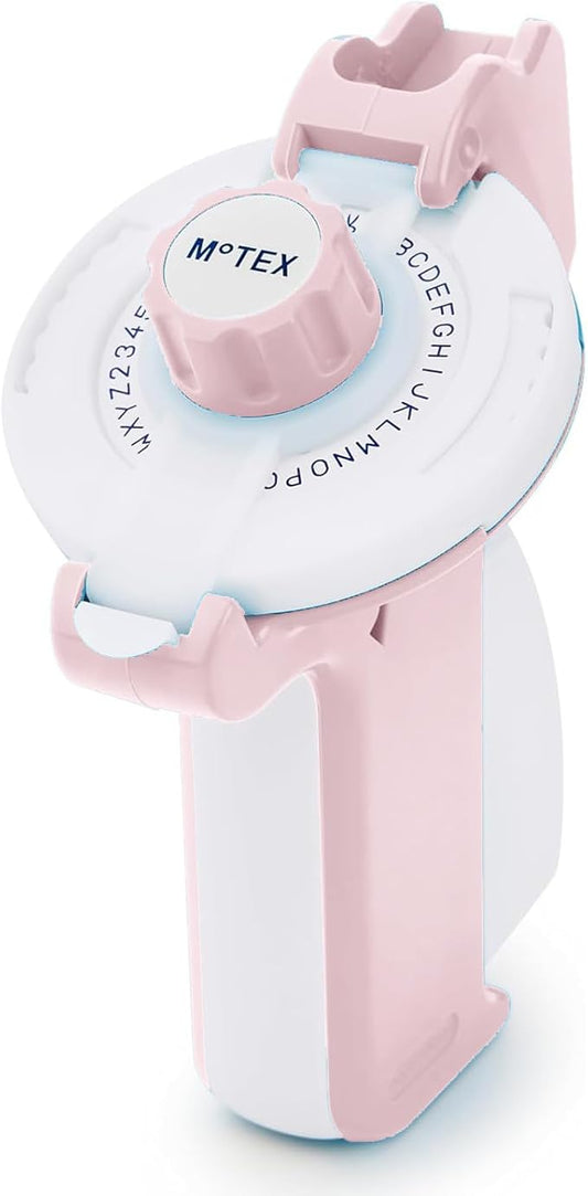 Motex Embossing Label Maker, Labeling Tool, Old School Label Maker, for Manual Label Embossing- E-202, (2 Wheels &1 Refill Tape Included, Ready to use) (Light Pink)