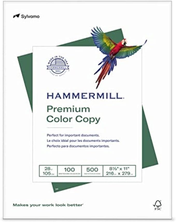 Hammermill Printer Paper, Premium Color 28 lb Copy Paper, 8.5 x 11 - 1 Ream (500 Sheets) - 100 Bright, Made in the USA, 102467R
