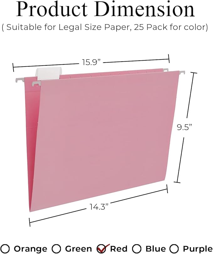Y YOMA Legal Size - 25 Pack Colored Hanging File Folders Decorative Hanging Folder Cute Pretty File Folder for Filing Cabinet Office Home with 1/5-Cut Adjustable Tabs, Morandi Red