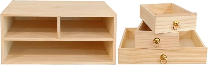 2 Layer Desk Organizer Wooden Desktop Organizer Tabletop Storage Organization Box Natural Wood Counter Drawer with Metal Handle 3 Drawer for Desk Accessories Home Office Counter Craft Decor