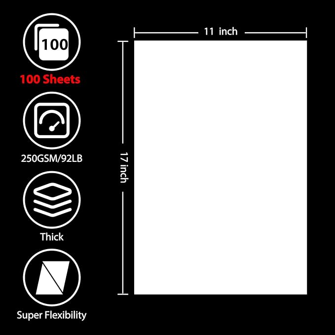 OcePor 100 Sheets White Cardstock 11” x 17”, 92lb/250gsm Card Stock, Thick Card Stock Paper, Heavy Cardstock Paper for Printer, Resume, Scrapbooks, Art, Crafts, Business Cards