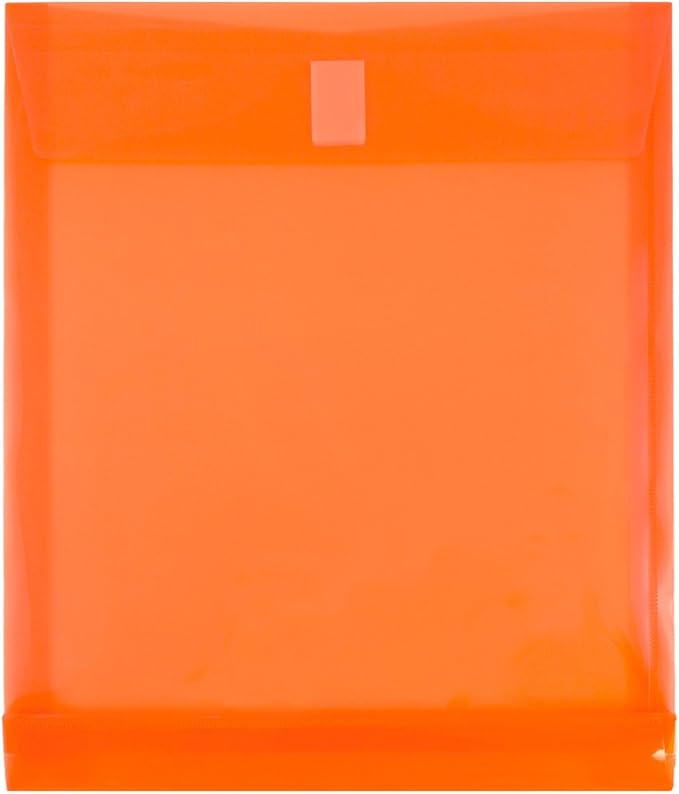 JAM PAPER Plastic Expansion Envelopes with Hook & Loop Closure - Letter Open End - 9 3/4 x 11 3/4 with 1 Inch Expansion - Orange - 12/Pack