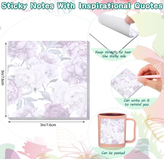 2 Pack Sticky Notes 3x3 Inches, Bright Cute Strong Sticking Power, Easy to Post for Home, Office, 80sheets/Pads, Purple Floral
