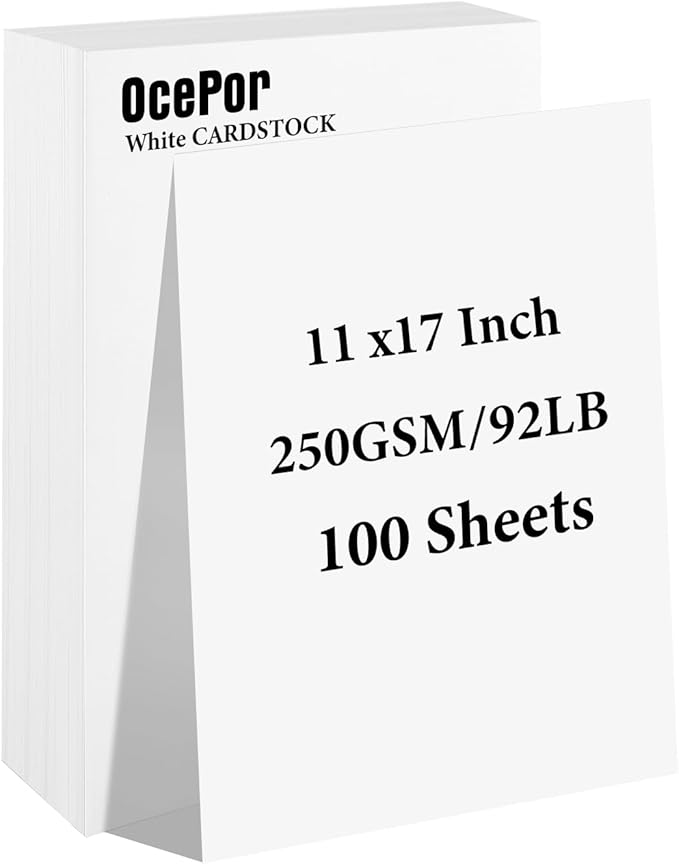 OcePor 100 Sheets White Cardstock 11” x 17”, 92lb/250gsm Card Stock, Thick Card Stock Paper, Heavy Cardstock Paper for Printer, Resume, Scrapbooks, Art, Crafts, Business Cards