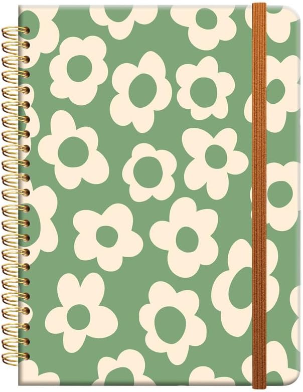 Ruled Spiral Writing Notebook,A5 Hardcover Lined College Journal for Women Lady Girl,Strong Twin-Wire Binding with Premium Paper,8.4" X 6",Perfect for School,Office,Home Gifts(Green Flowers)