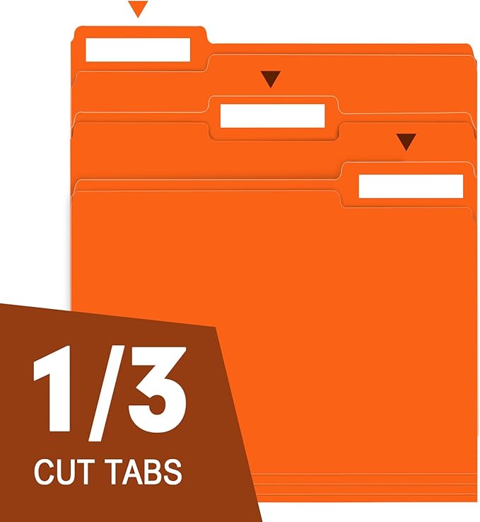 File Folder, RAZCC 150 Pack 1/3 Cut Tab File Folders Letter Size, Orange, Folders with Tab, Great for Organizing and Easy File Storage