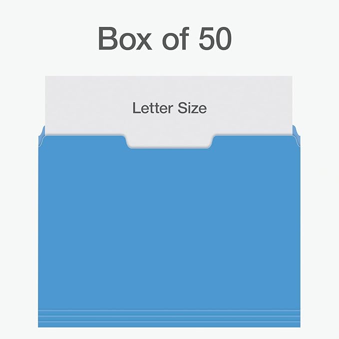 Pendaflex Heavyweight File Folders, Assorted Colors, Letter Size, 1/3-Cut Tabs, Extra Durable, 50/Box, Great for Office Filing & Organization (1006536)