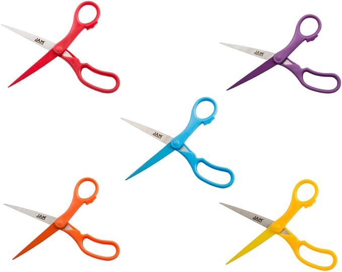 JAM PAPER Multi-Purpose Precision Scissors Set - 8 Inch - Rainbow Assortment - Ergonomic Handle & Stainless Steel Blades - 5/Pack