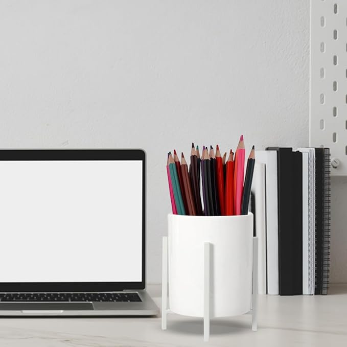 Ceramic Pen Holder for Desk, Durable Ceramic Pencil Cup Holder for Womens Girls, Makeup Cup for Brushes, with 4 Legs Metal Frame