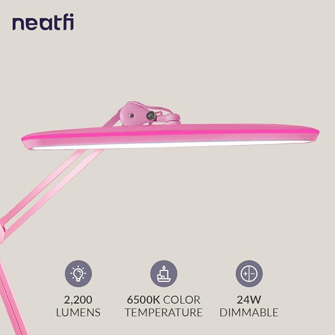 Neatfi XL 2,200 Lumens LED Desk Lamp, 23 Inches 24W, Adjustable Arm, Dimmable, Eye Caring, Nail Light for Home, Office, Study Lamp (Non-CCT with Clamp, Pink)