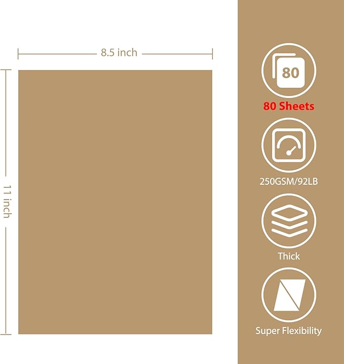 OcePor 80 Sheets Brown Cardstock Paper, Colored Printer Paper 8.5 x 11, Thick Construction for Cards Making, Scrapbook，Office Printing, Invitations, Certificates，DIY Crafting 92 lb/250gsm
