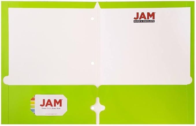 JAM PAPER Laminated Two Pocket Glossy 3 Hole Punch School Folders - Letter Size - High Gloss Lime Green - Bulk 50/Box
