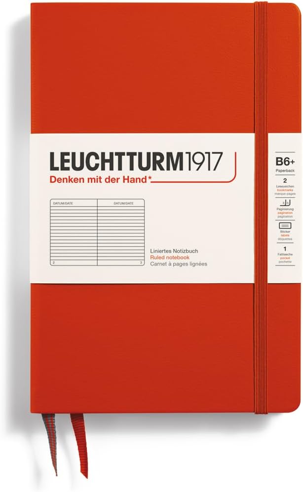 LEUCHTTURM1917 - Notebook Hardcover Paperback B6+ - 219 Numbered Pages for Writing and Journaling (Fox Red, Ruled)