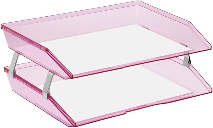 Acrimet Facility 2 Tier Letter Tray, Side Load, Letter Size/A4, Desktop File Organizer, Plastic (Clear Pink Color)